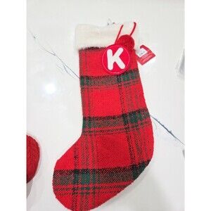 ST. NICHOLAS SQUARE 21" KNIT  PLAID CHRISTMAS STOCKING MONOGRAM LETTER "K" B10